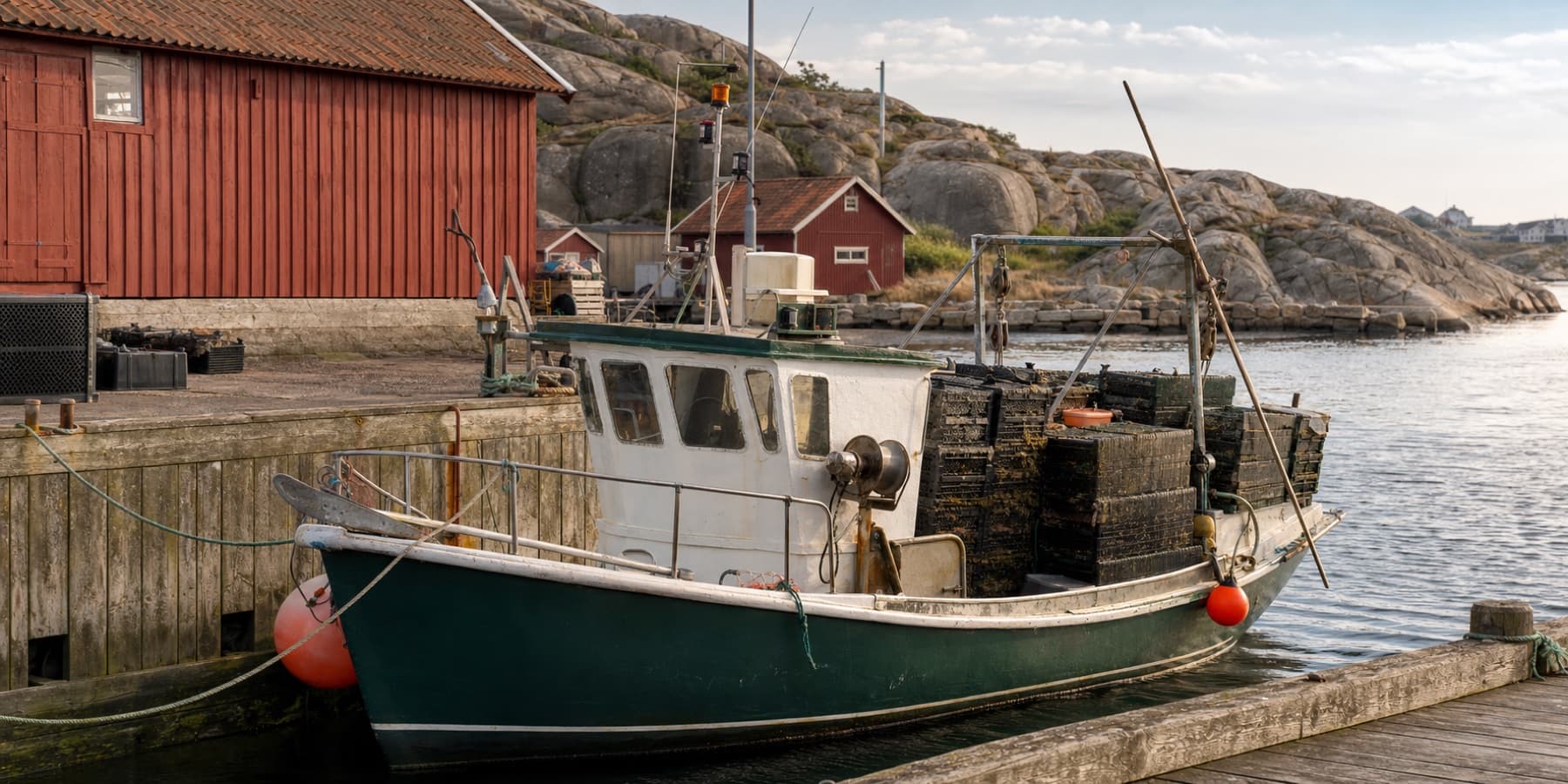 Lokal fiskebåt vid kaj på västkusten